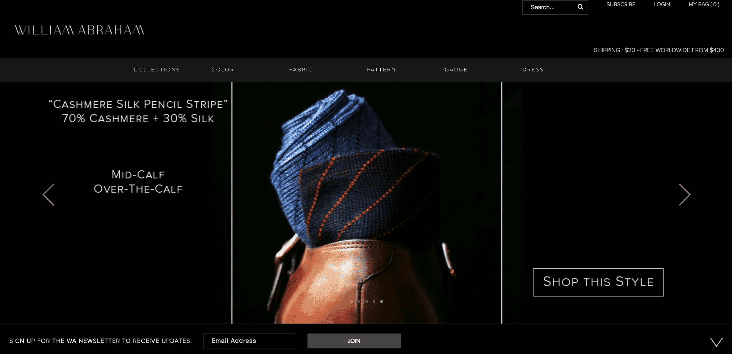 Premium ecommerce website with black background showcasing luxury silk and cashmere products