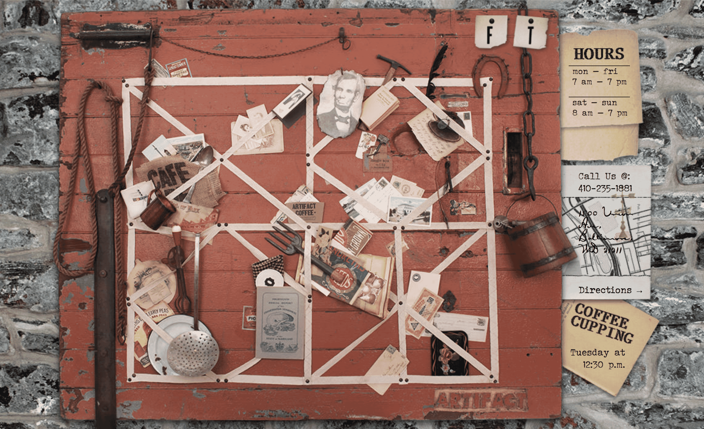 Rustic bulletin board with vintage memorabilia and cafe information on a stone wall background