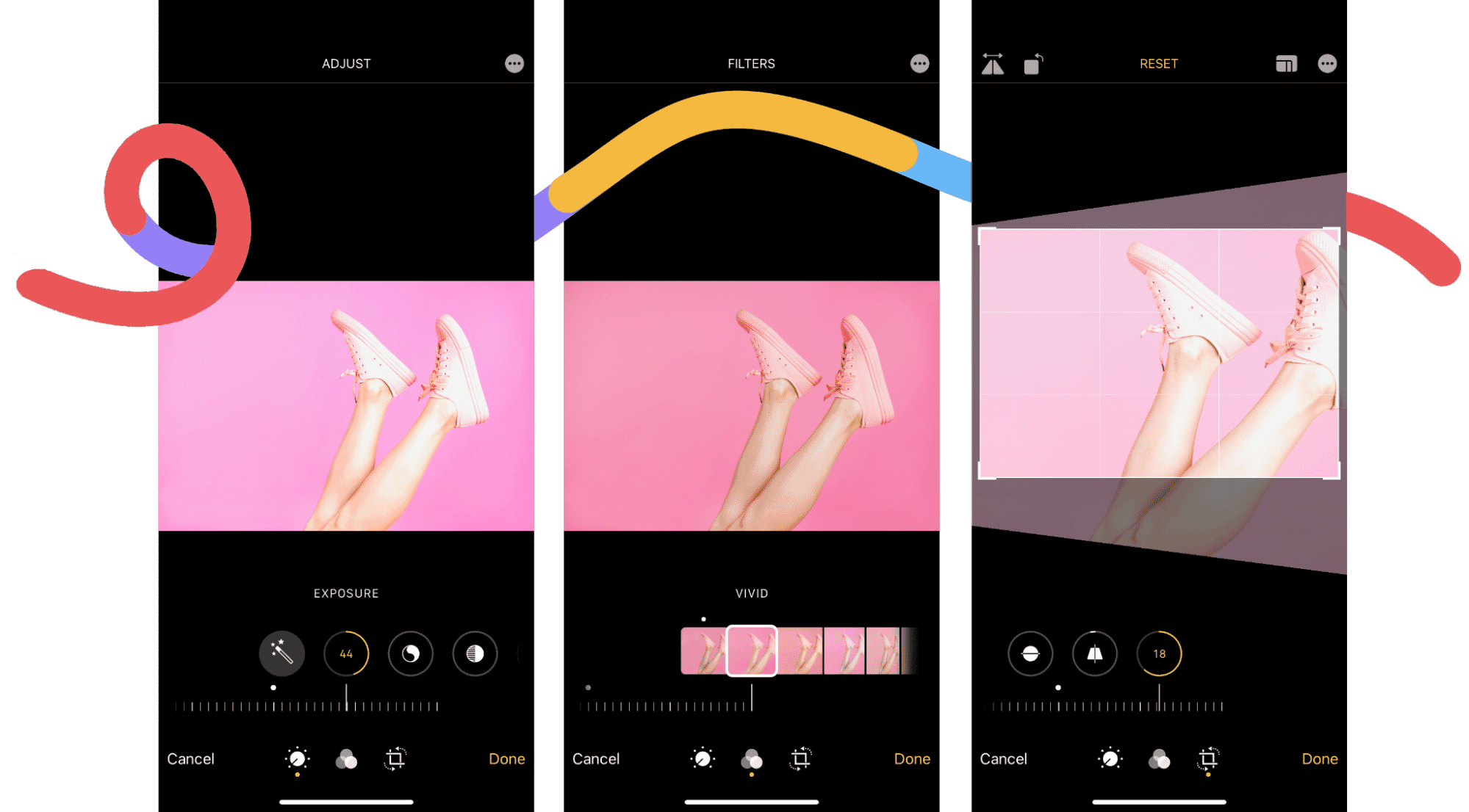 Mobile photo editing interface with exposure adjustments and vivid filters applied to an image of pink shoes on a pink background.