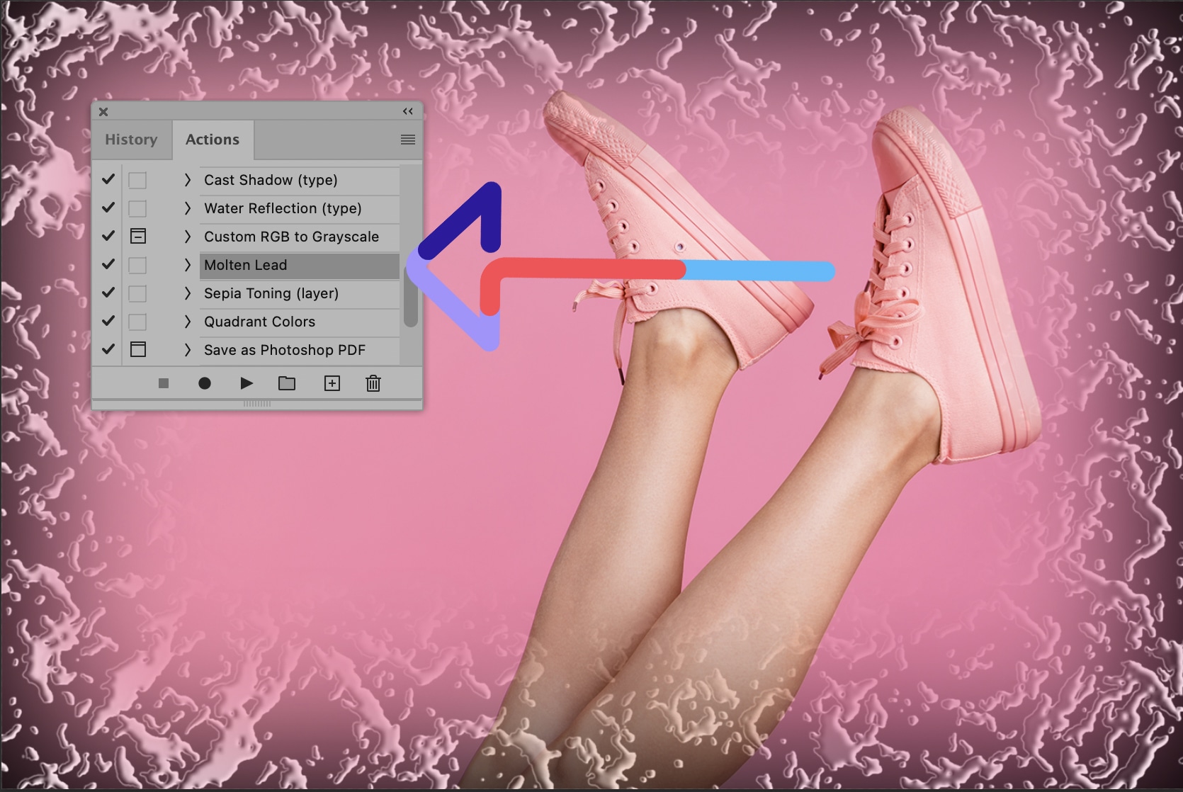 Photoshop Actions panel showing creative effects applied to an image of pink shoes on a pink background, with molten lead and sepia toning filters.