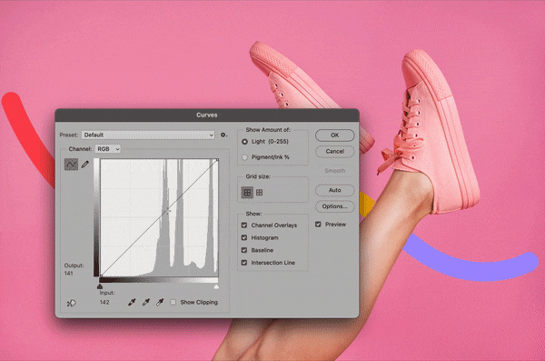 Photoshop Curves tool adjusts color and brightness for an image of pink shoes against a pink background.