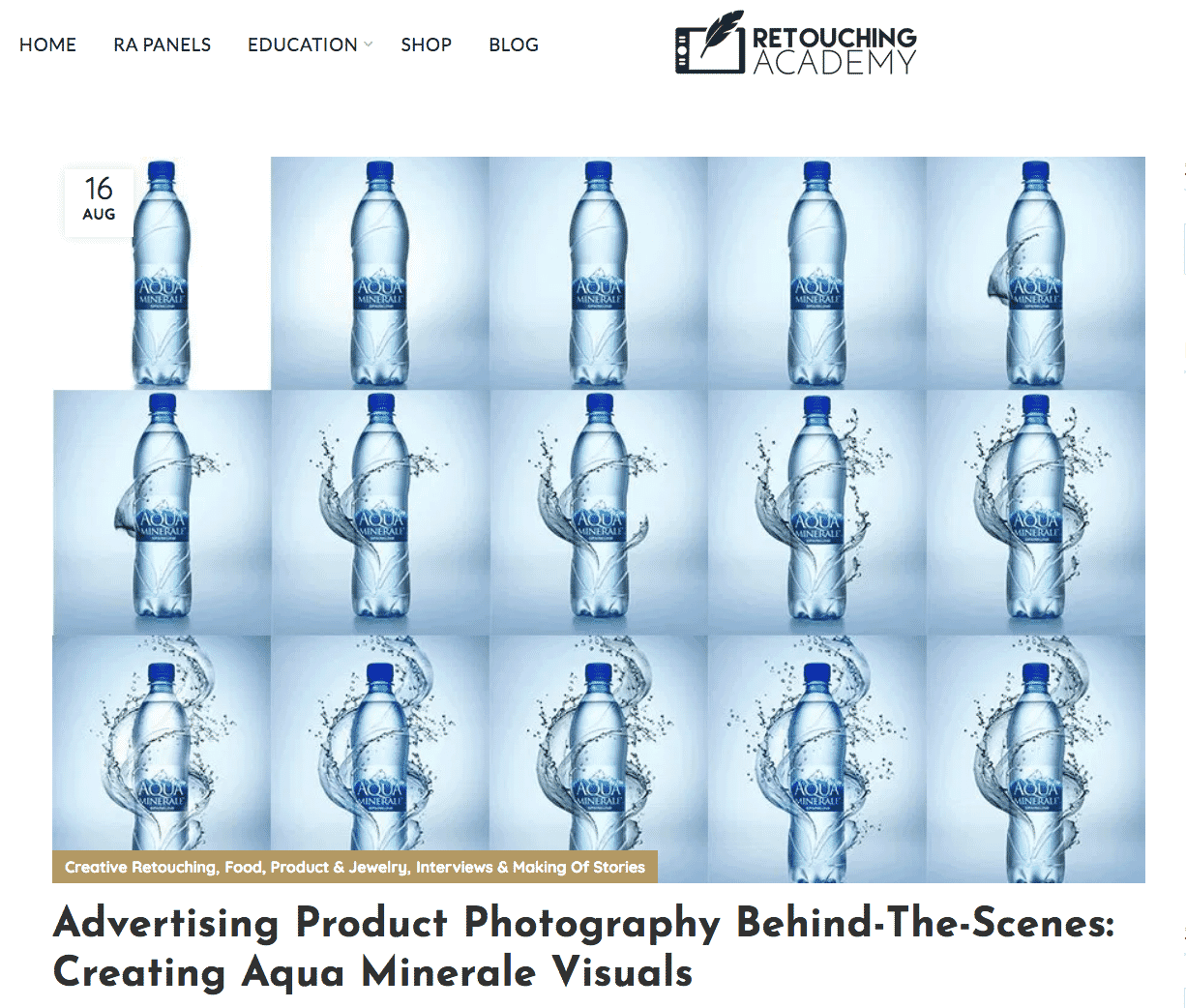 Grid of Aqua Minerale water bottle images showcasing various stages of splash effects for an advertising campaign.