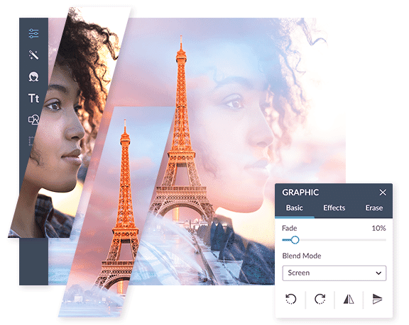 Double exposure of a woman's profile and Eiffel Tower with graphic editor settings displaying fade and blend mode adjustments.