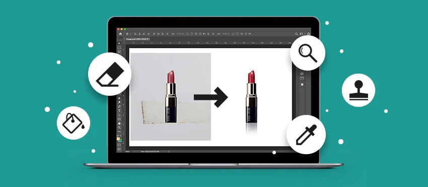 Laptop displaying before-and-after product photo edits with editing tools on a teal background.