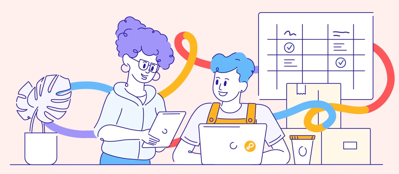 Illustration of two team members collaborating on product management tasks in an e-commerce setting.