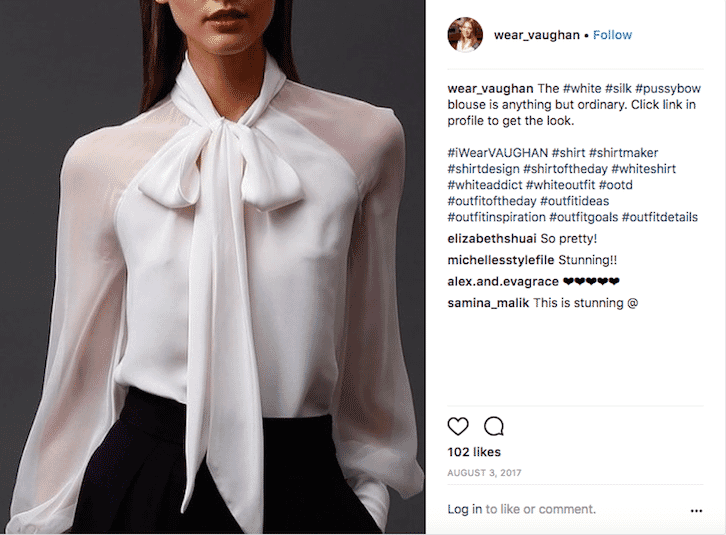 Instagram post by Wear Vaughan featuring a model in a white silk pussy bow blouse with hashtags promoting fashion inspiration and details.