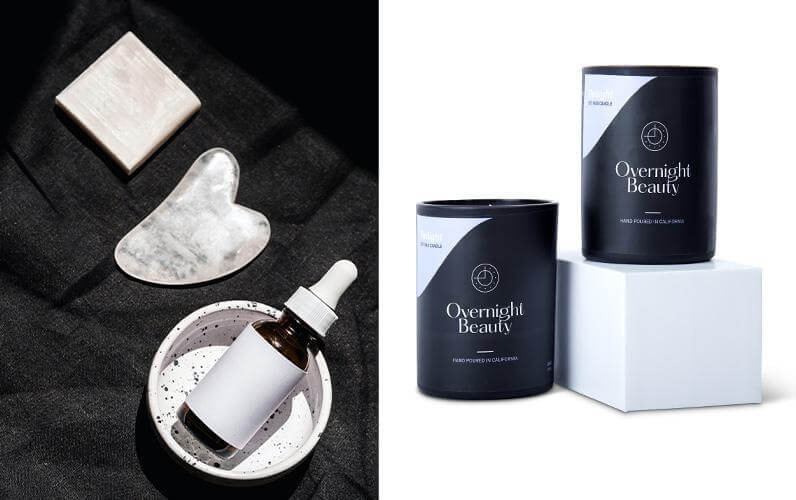 Monochrome product setup featuring a serum bottle and Overnight Beauty candles on clean, minimal backdrops