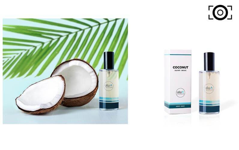On-demand product photography featuring a coconut-themed perfume bottle with a natural and boxed display