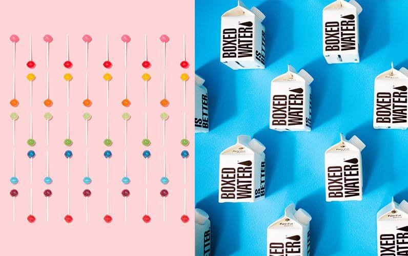 Repetitive patterns of colorful lollipops and boxed water cartons, showcasing creative product photography trends