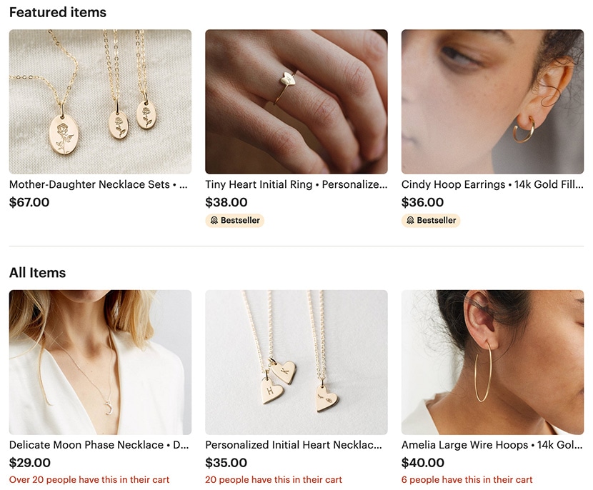 Etsy shop display featuring popular jewelry items like necklace sets, initial rings, hoop earrings, and personalized necklaces.