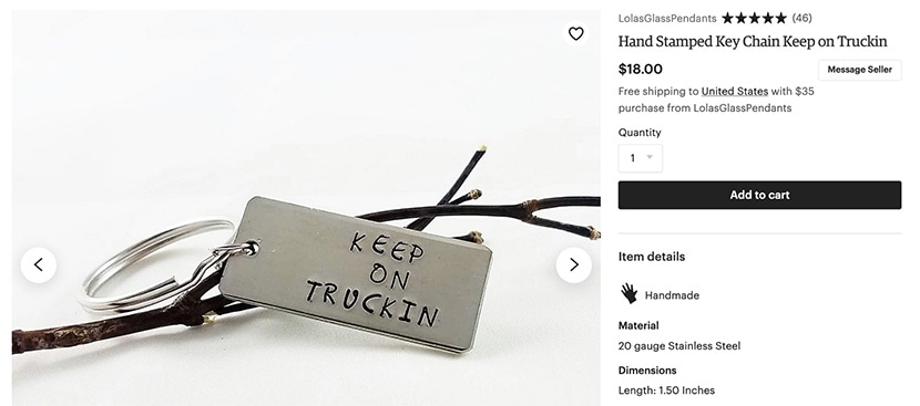 Etsy listing for a handmade stainless steel keychain with "Keep on Truckin" stamped text, priced at $18.