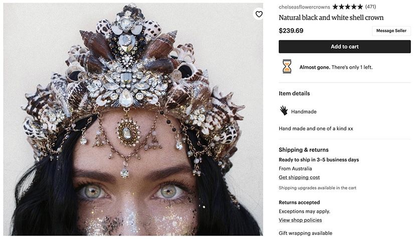 Etsy listing for a handmade natural black and white shell crown adorned with intricate details, priced at $239.69.