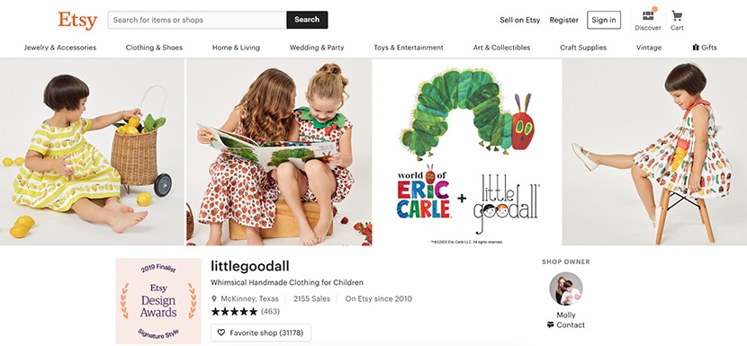 Etsy storefront for Little Goodall, showcasing whimsical handmade children's clothing with a collaboration featuring Eric Carle designs.