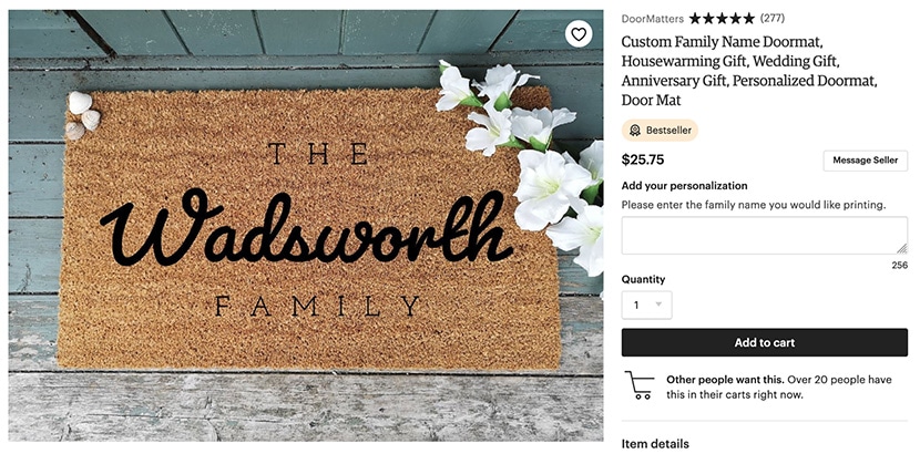 Etsy listing for a custom family name doormat with "The Wadsworth Family" text, ideal for housewarming or wedding gifts, priced at $25.75.