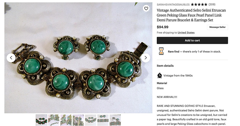 Etsy listing for a vintage Etruscan green glass bracelet and earrings set with faux pearl accents priced at $94.99.