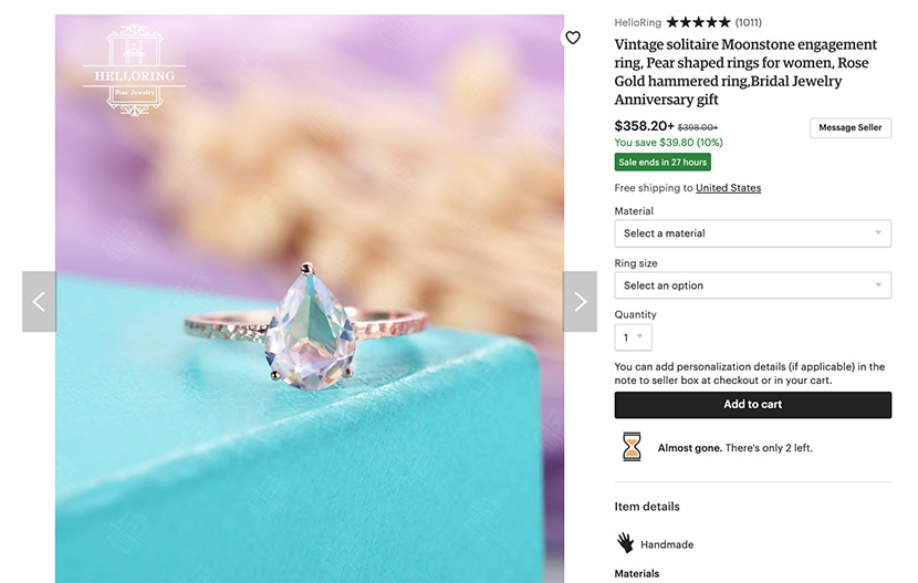 Etsy listing for a vintage pear-shaped solitaire moonstone engagement ring with rose gold hammered band, priced at $358.20.