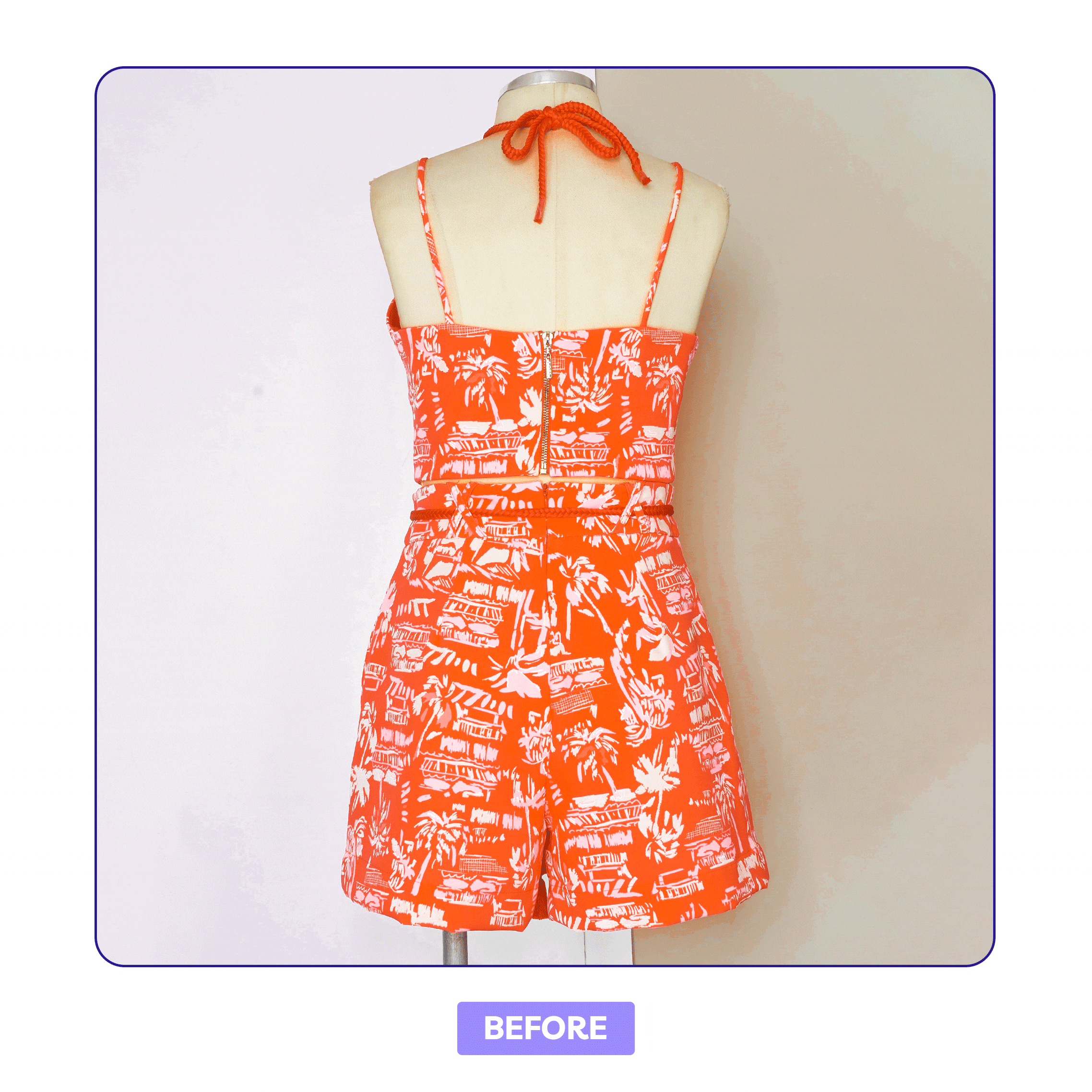 Animated GIF showing before and after photo editing by the Path team for apparel and clothing, featuring an orange printed women’s romper with background removal, symmetry edits and ghost mannequin editing on a clean white background.
