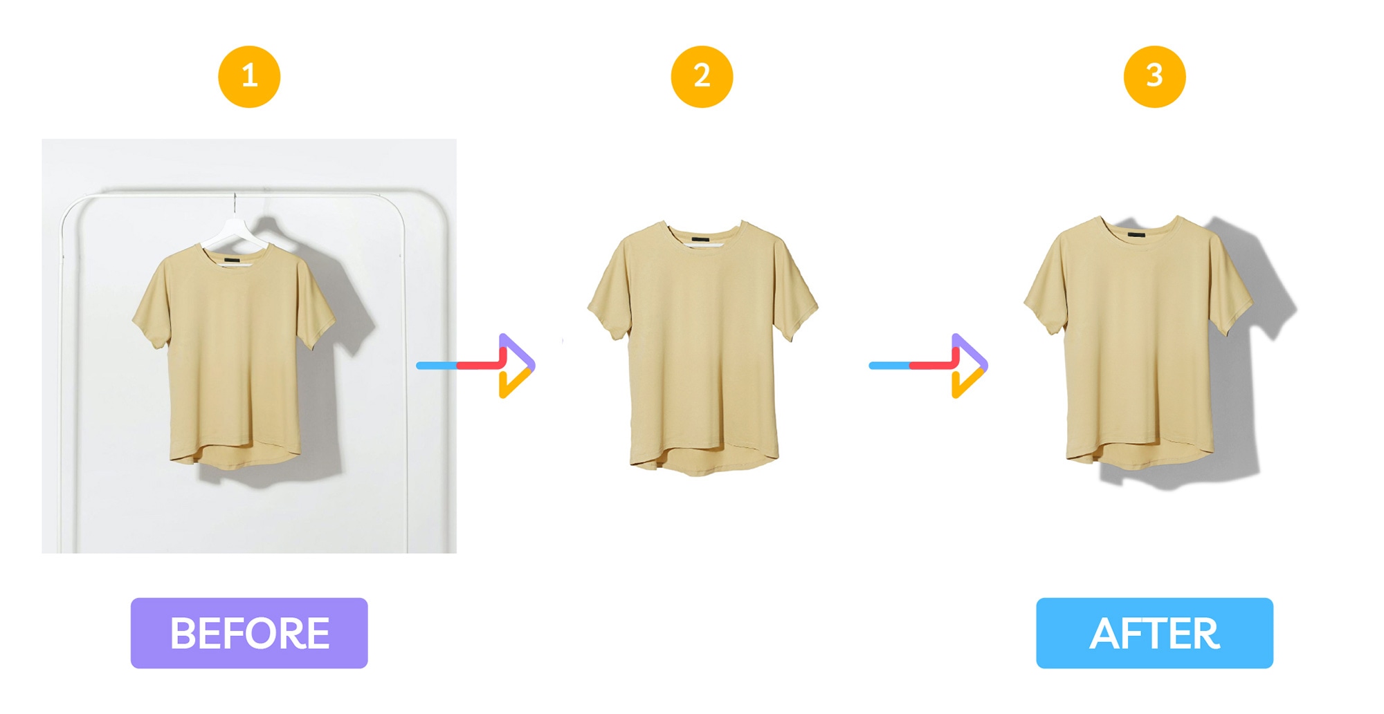 Beige T-shirt shown before and after background removal and shadow addition for a professional, isolated presentation.