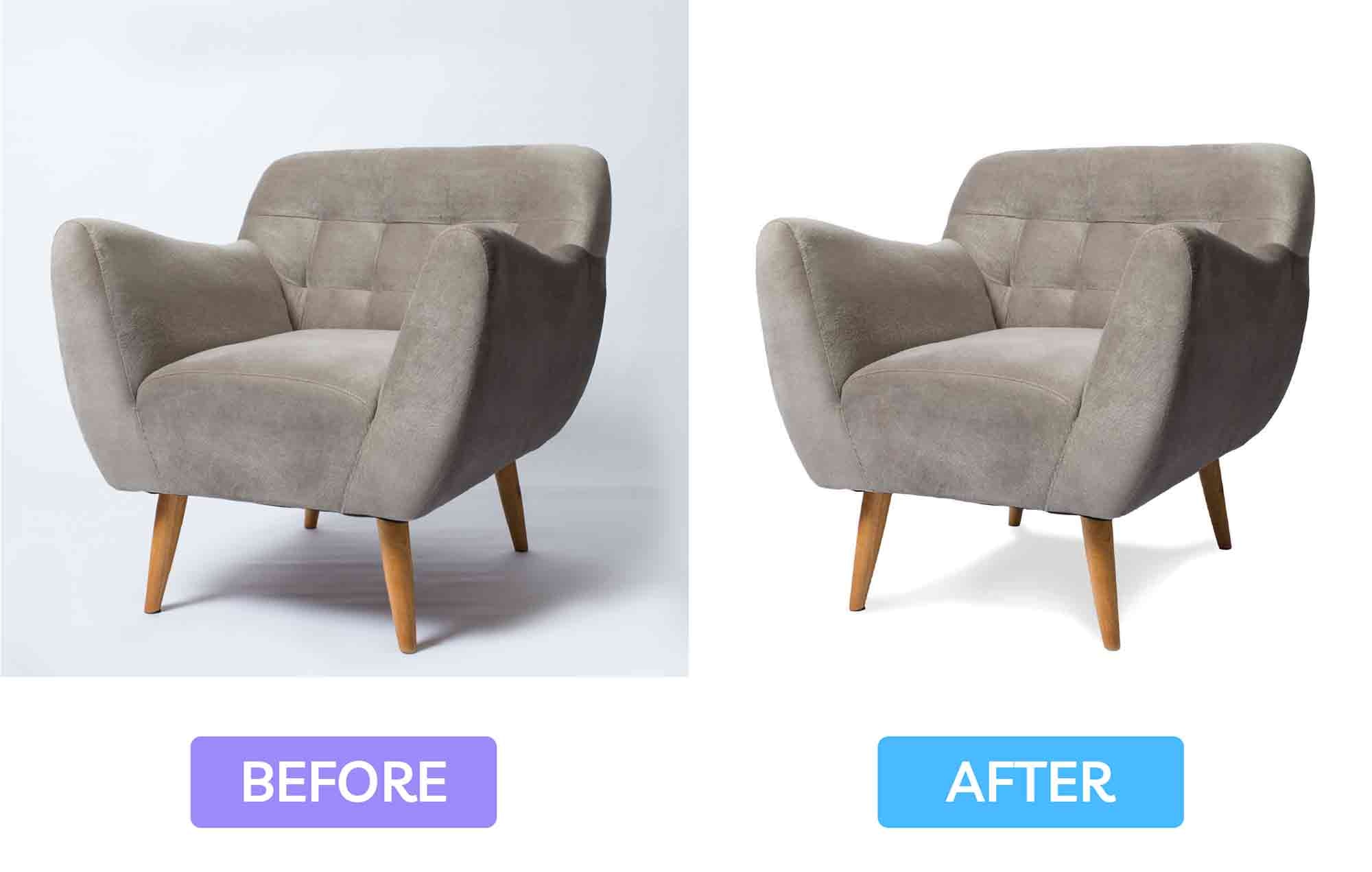 Gray upholstered armchair shown before and after background removal and shadow addition for a polished, professional display.