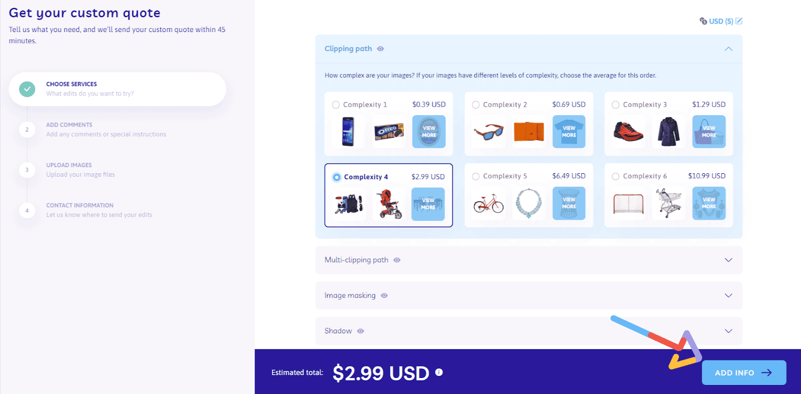 Custom quote page on Path Edits showing clipping path complexity options and pricing, with additional services available for selection.