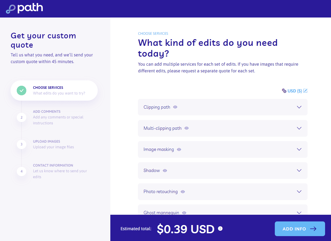 Path Edits custom quote page offering various image editing services, including clipping path, image masking, and photo retouching options.