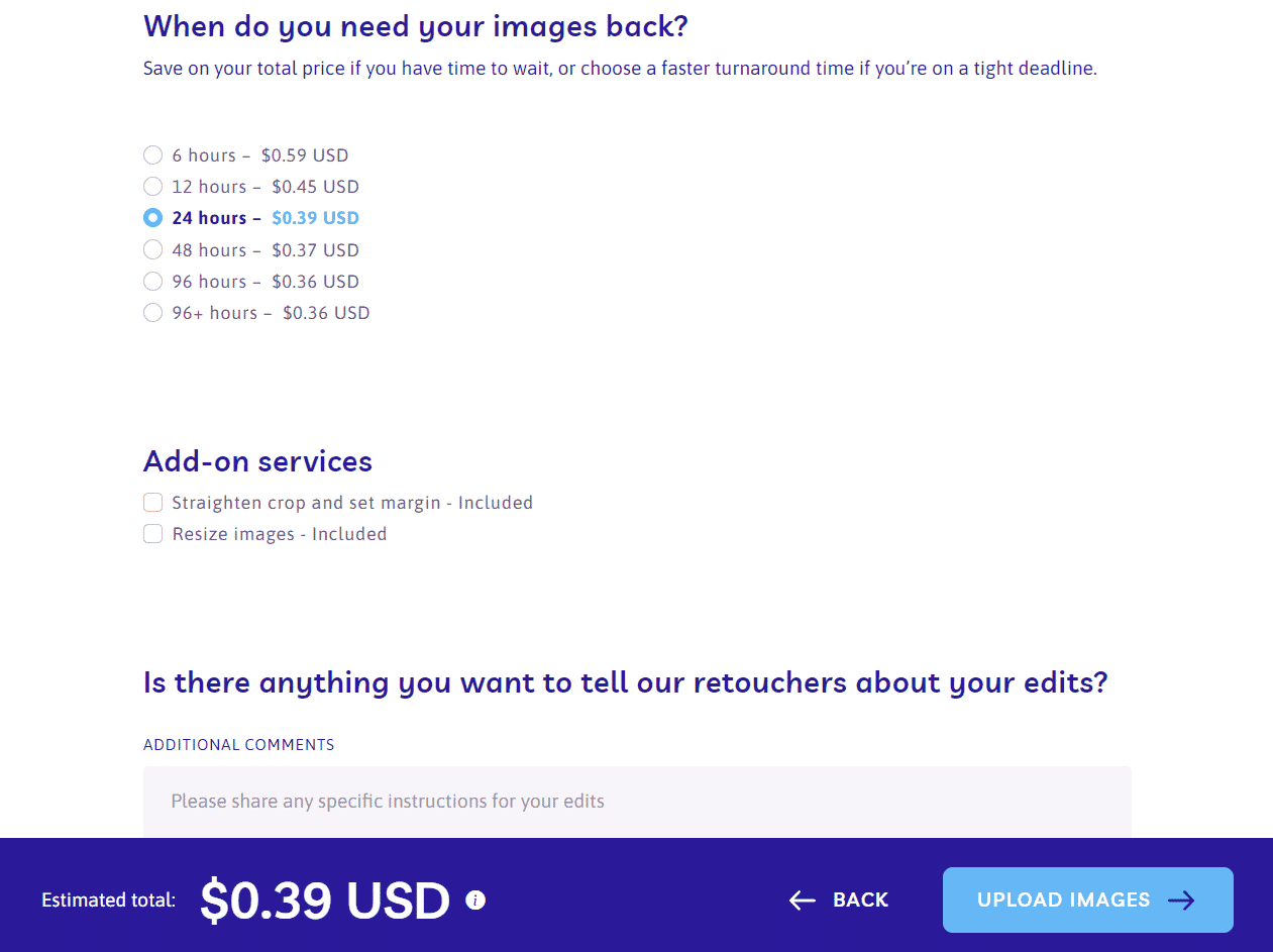 Path Edits options for image delivery timeframe and add-on services, including cropping and resizing, with estimated pricing.