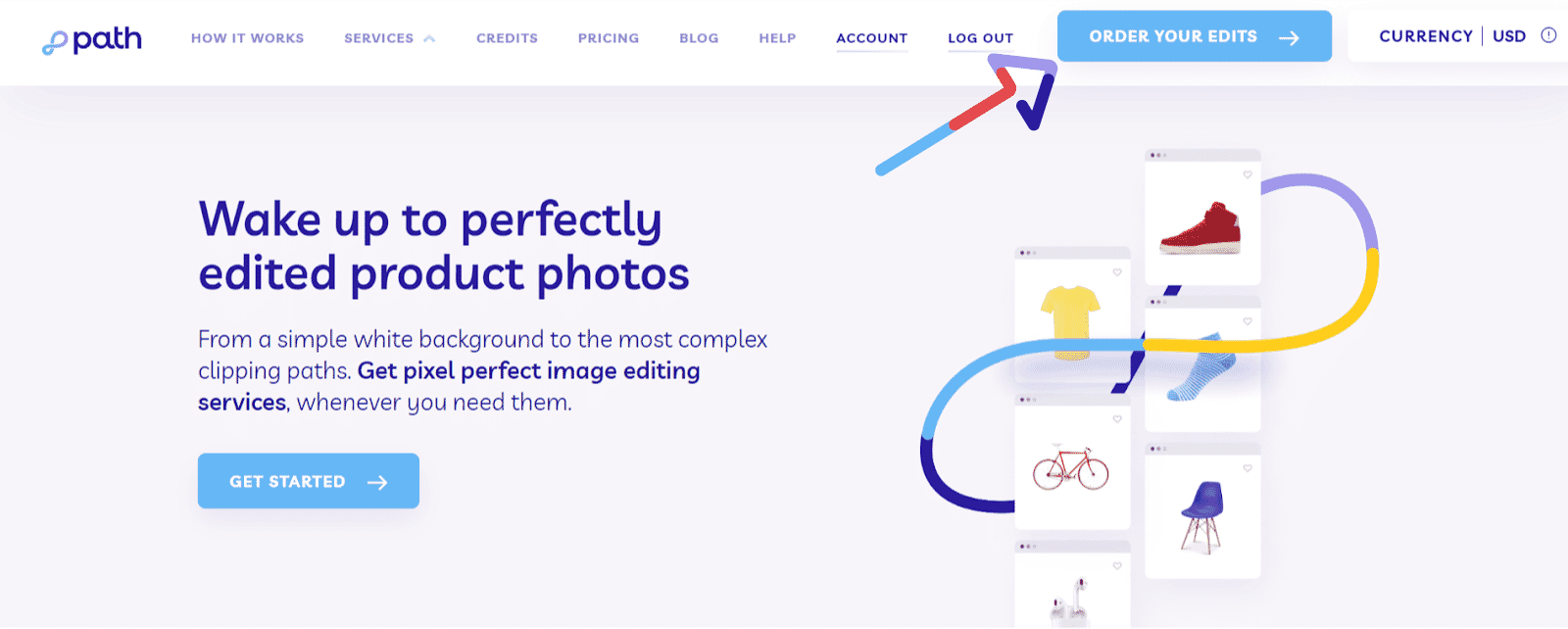 Path Edits homepage promoting professional image editing services with options for background removal, color correction, and more.