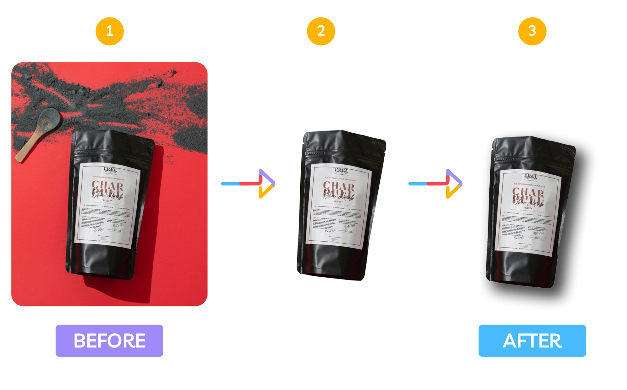 Product packaging shown before and after background removal and shadow enhancement for a cleaner presentation.