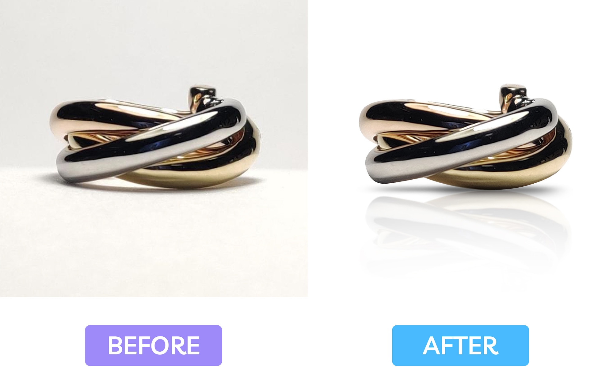 Gold and silver ring shown before and after background removal and reflection effect for a polished, professional look.