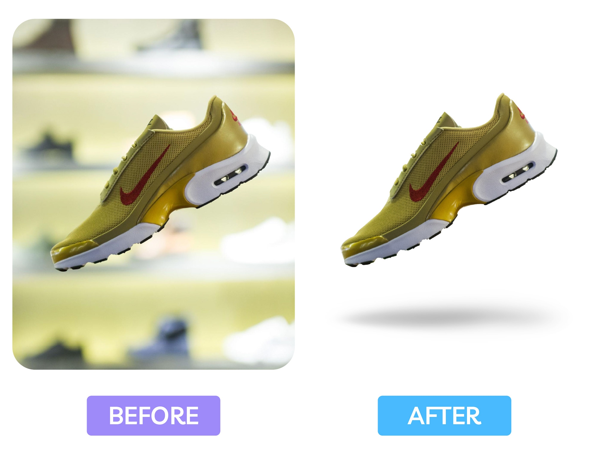 Yellow sneaker shown before and after background removal and shadow addition for a clean, professional product display.