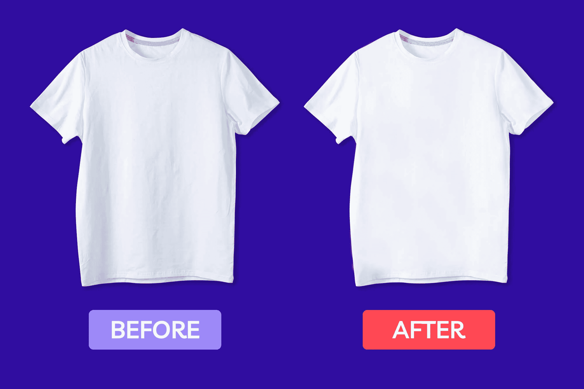 White T-shirt shown before and after wrinkle removal and color correction for a cleaner, polished look.