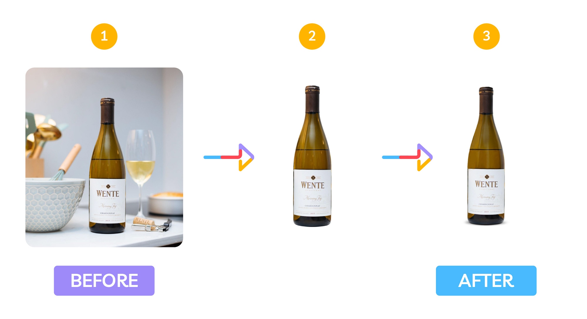 Wine bottle shown before and after background removal and shadow addition for a clean, isolated product presentation.