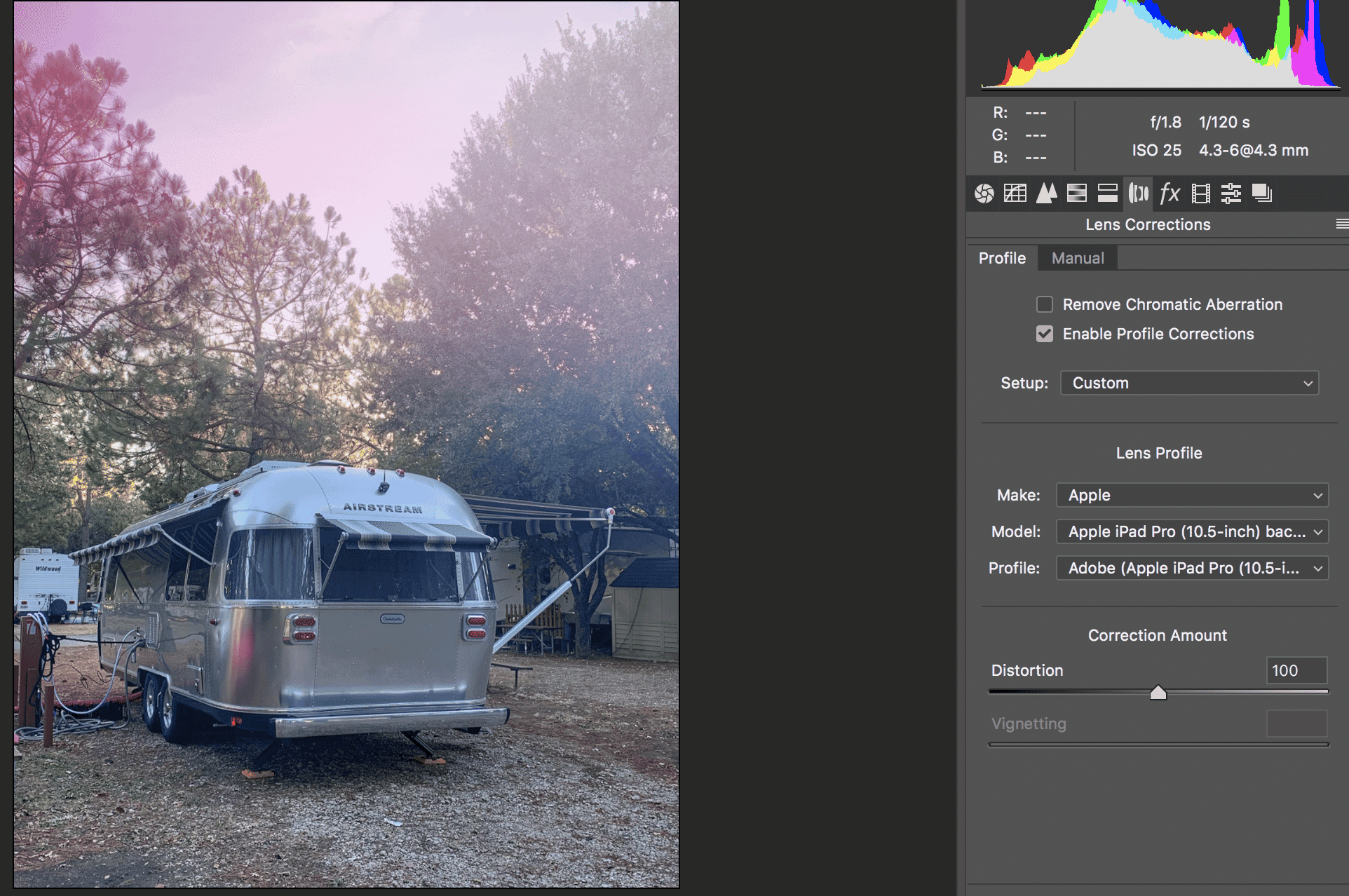 Airstream trailer image with lens correction adjustments in Adobe Camera Raw