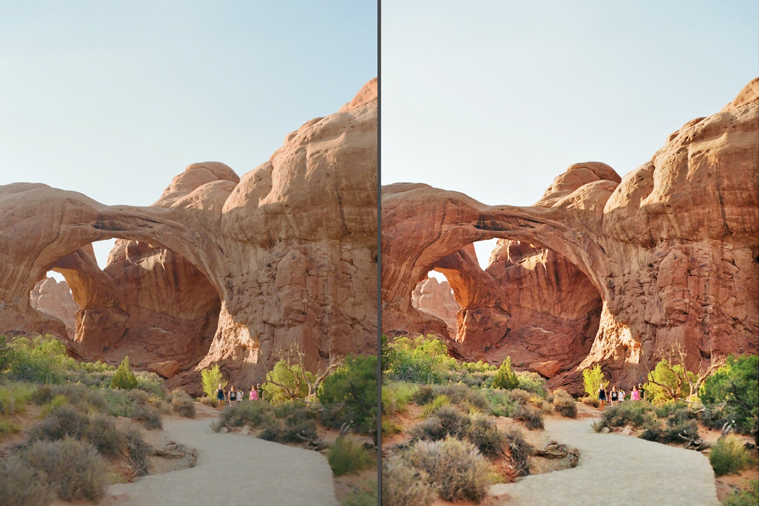 Side-by-side comparison of Arches National Park landscape before and after color correction adjustments