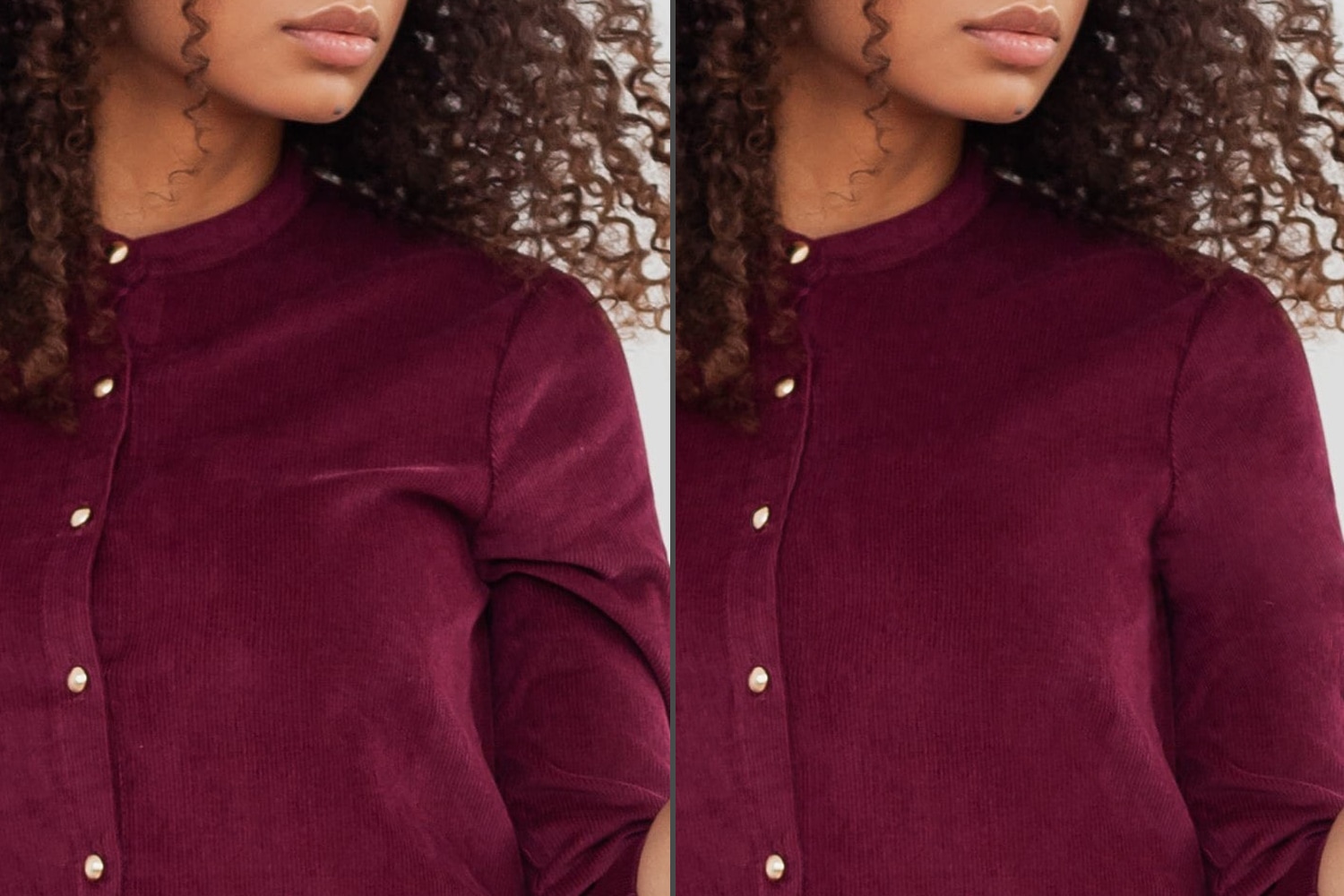 Side-by-side comparison showing texture enhancement on a burgundy corduroy blouse with button details