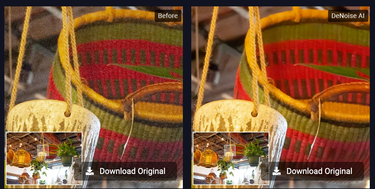 Side-by-side noise reduction comparison on a colorful woven basket using DeNoise AI