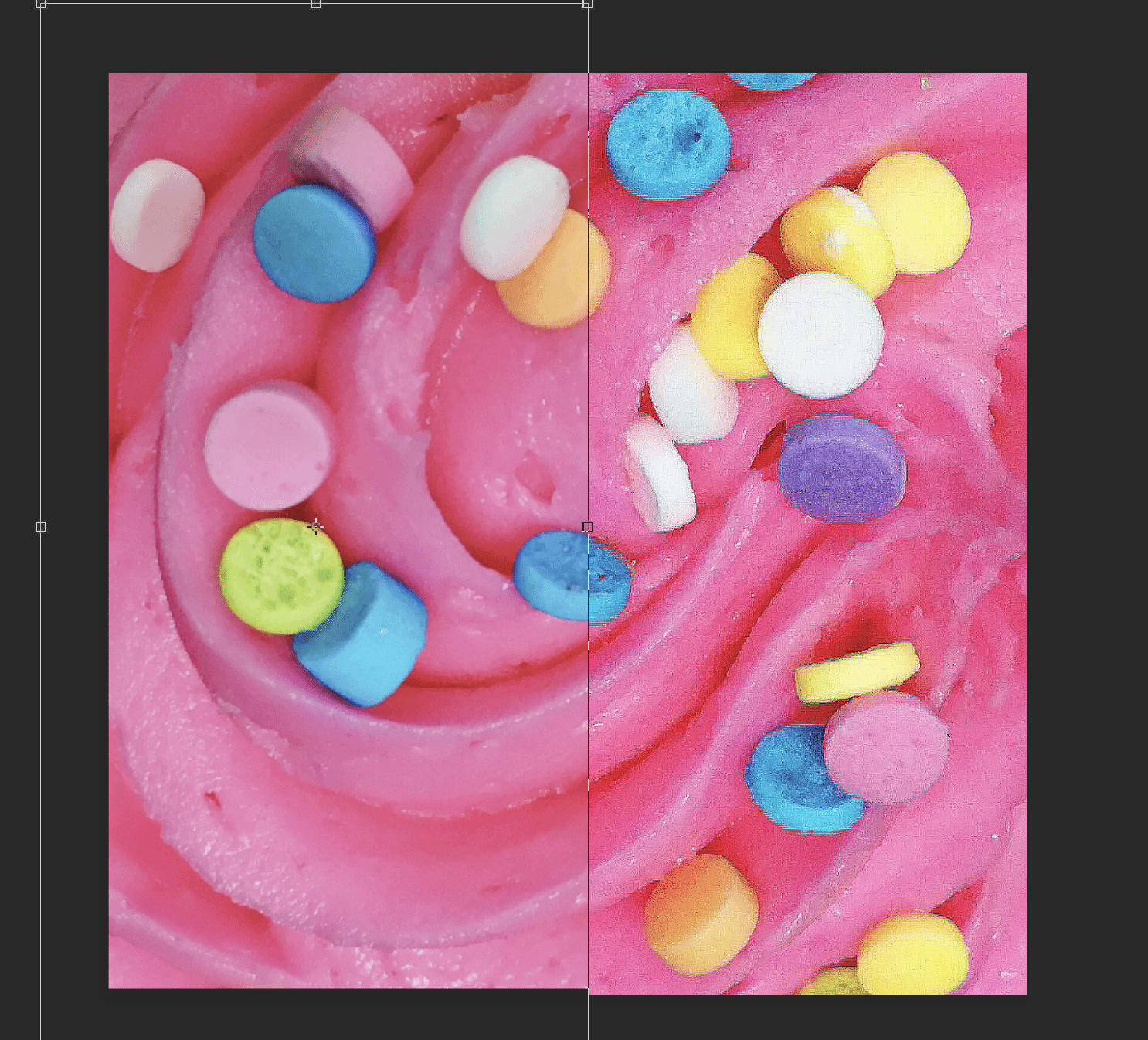 Side-by-side comparison of color adjustments on bright pink frosting with colorful sprinkles