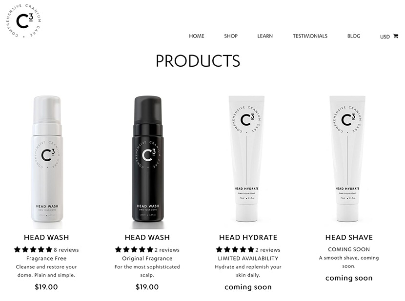 Cranium Care product lineup featuring head wash, head hydrate, and head shave with product details and prices.