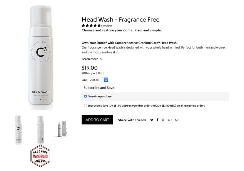 Cranium Care Head Wash product page showing fragrance-free option, price, size, subscription details, and add-to-cart button.