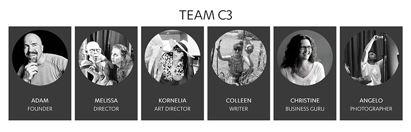 Black and white portraits of Cranium Care’s Team C3 members including founder, directors, and photographer.