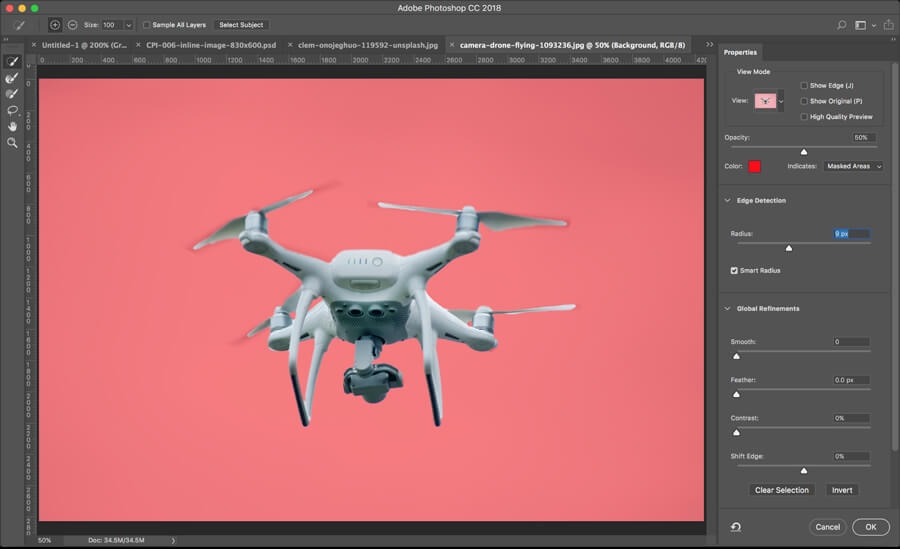 Drone isolated on transparent background in Photoshop CC18 after sky masking and background removal.