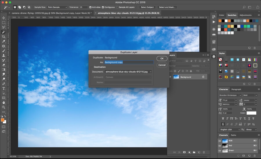 Duplicate Layer dialog box in Photoshop CC18 to create a copy of the sky background.
