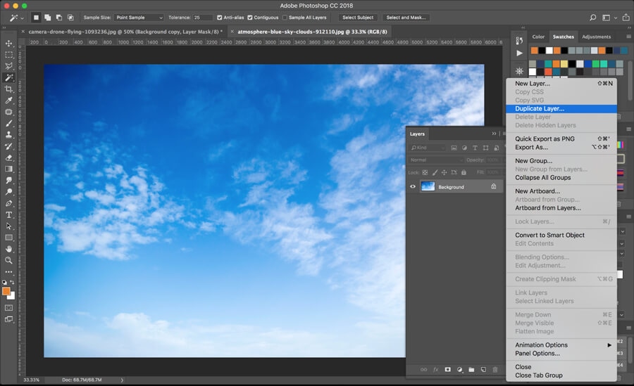 Photoshop CC18 interface showing duplicate layer option for sky background editing.