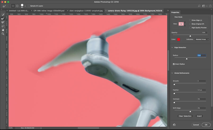 Close-up of edge cleanup around drone propeller for accurate sky masking in Photoshop CC18