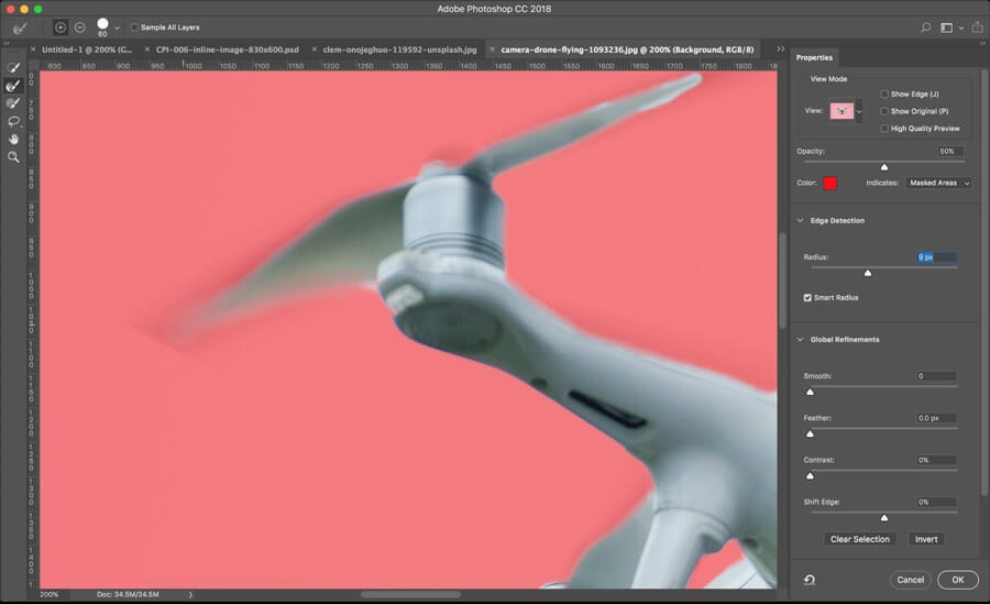 Detailed edge refinement on drone propeller for accurate sky masking in Photoshop CC18