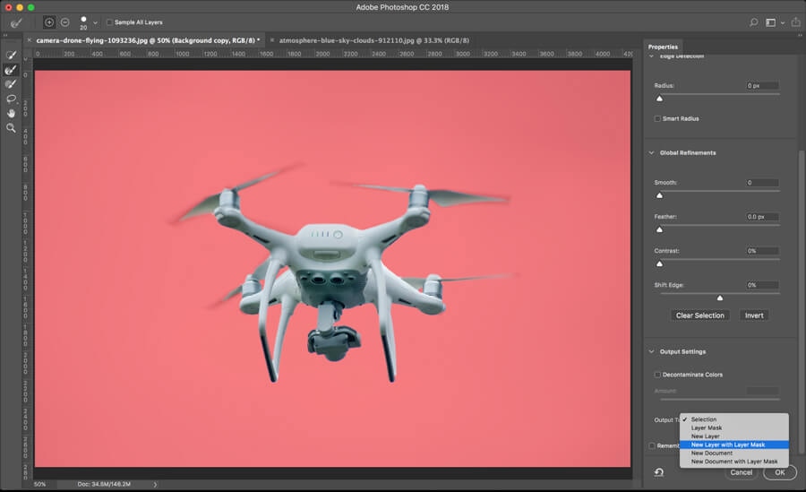 Photoshop CC18 workspace with layer mask applied to isolate drone for sky background change