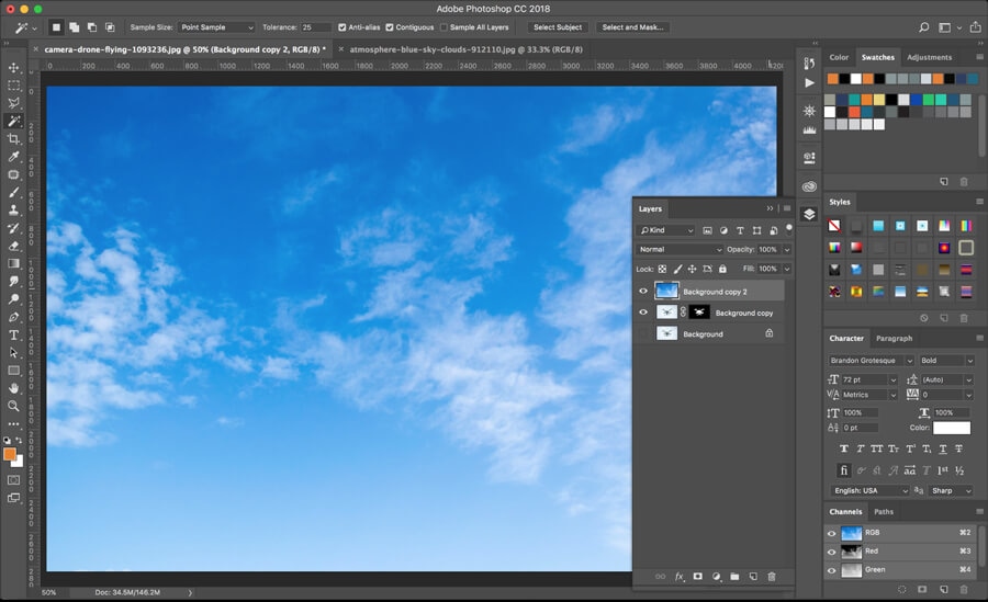 Photoshop CC18 with duplicated sky background layers prepared for image composition