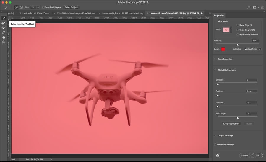 Quick Selection Tool in Photoshop CC18 used to mask sky area around drone.