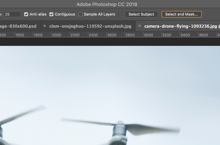 Photoshop CC18 toolbar highlighting the Select and Mask option for sky adjustment.