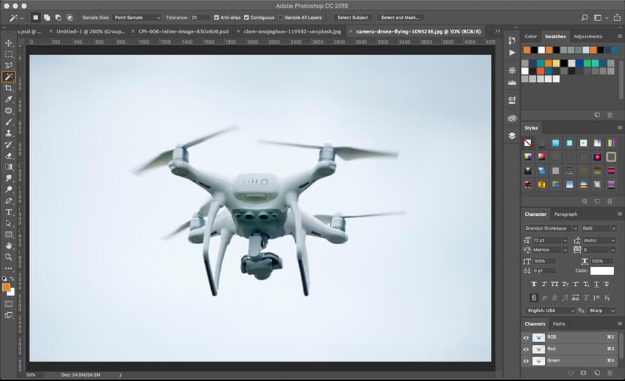 Drone image in Photoshop CC18 workspace used for sky color change tutorial